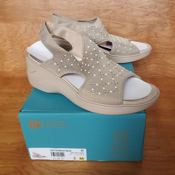 Bzees Destiny Bright Sandal US 8 Beige Tan Sparkle Slingback Fabric Wedge in Box - Picture 1 of 12